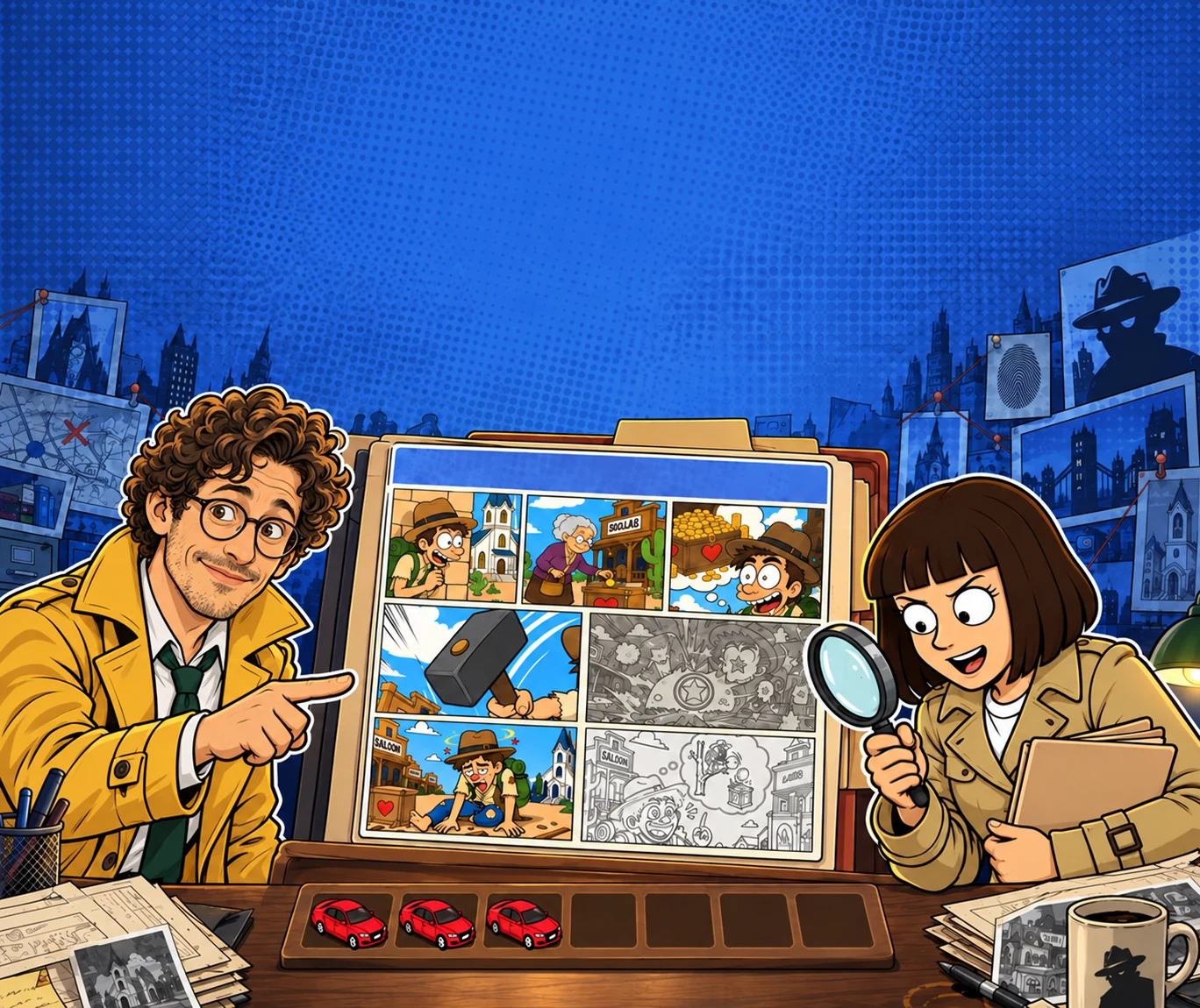 Two curious detectives investigate a comic-book case, with three matching objects on their evidence tray