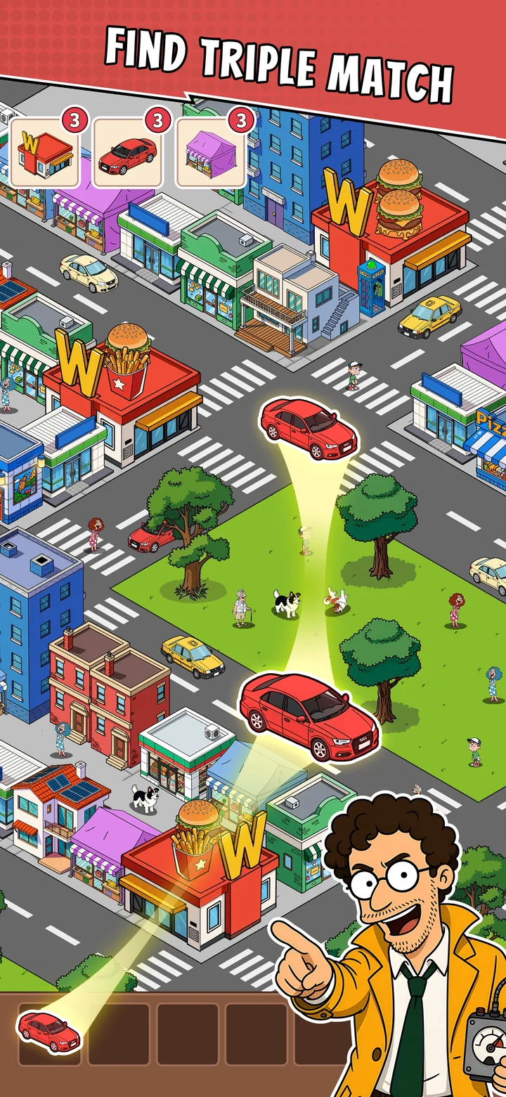 Triple Alibi: find three matching hidden objects in a colorful town